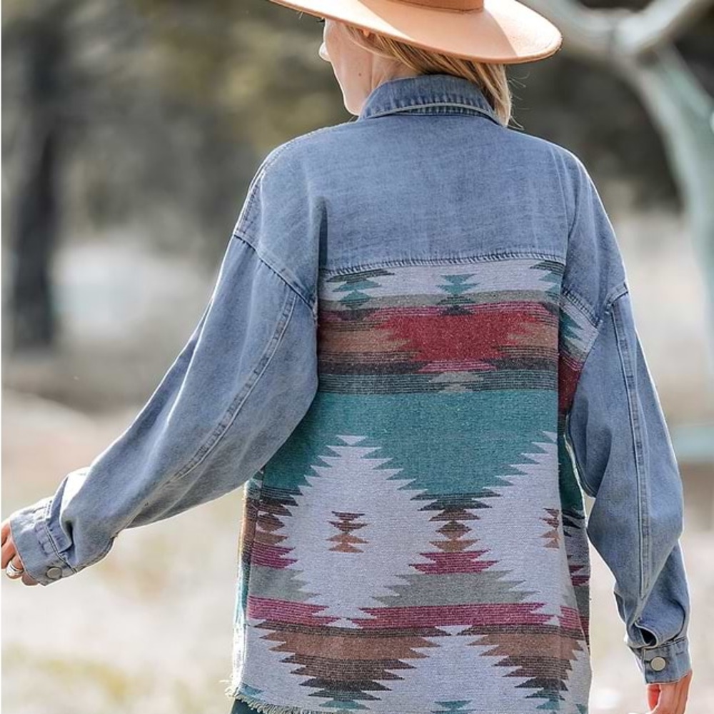 Stylish Denim Aztec Jean Jacket - Picture 2 of 4